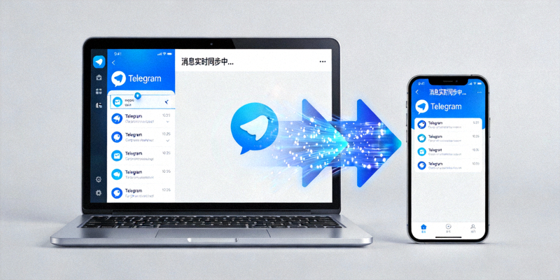 笔记本电脑和智能手机屏幕同时显示Telegram应用，并展示消息实时同步的动画示意图
