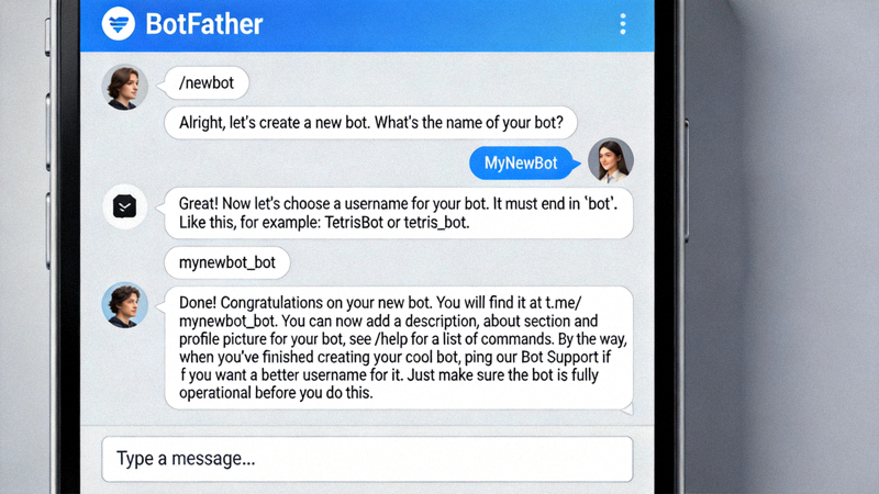 BotFather聊天界面中创建新机器人的步骤对话截图
