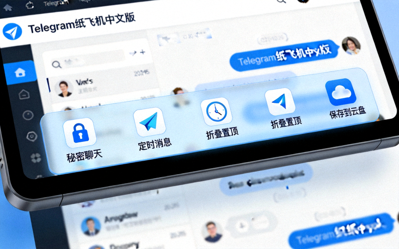 电脑屏幕上显示Telegram纸飞机中文版界面，突出展示几个隐藏的功能图标