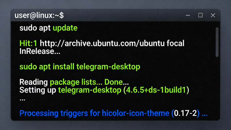 Linux系统终端界面显示通过命令行安装Telegram的过程