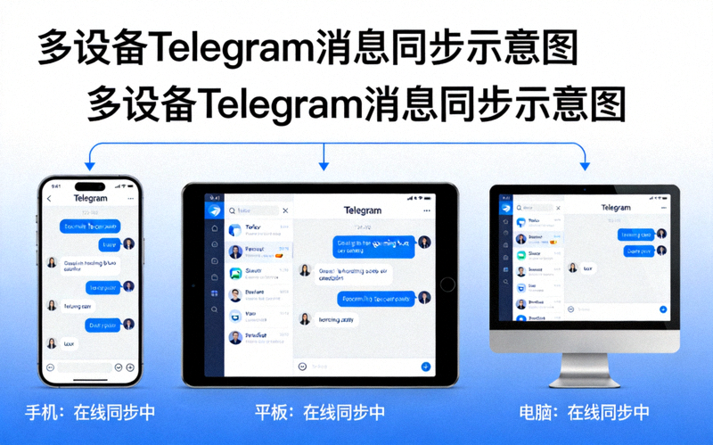 示意图展示手机、平板、电脑同时在线并实时同步Telegram消息