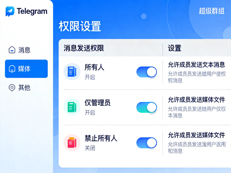 Telegram超级群组权限设置界面，展示各类消息发送权限的开关选项