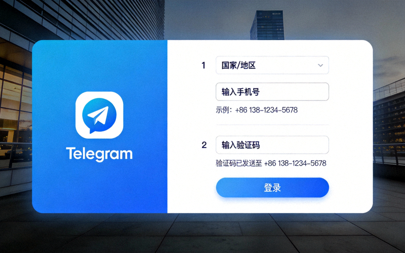 Telegram电脑版登录界面，显示输入手机号和验证码的步骤