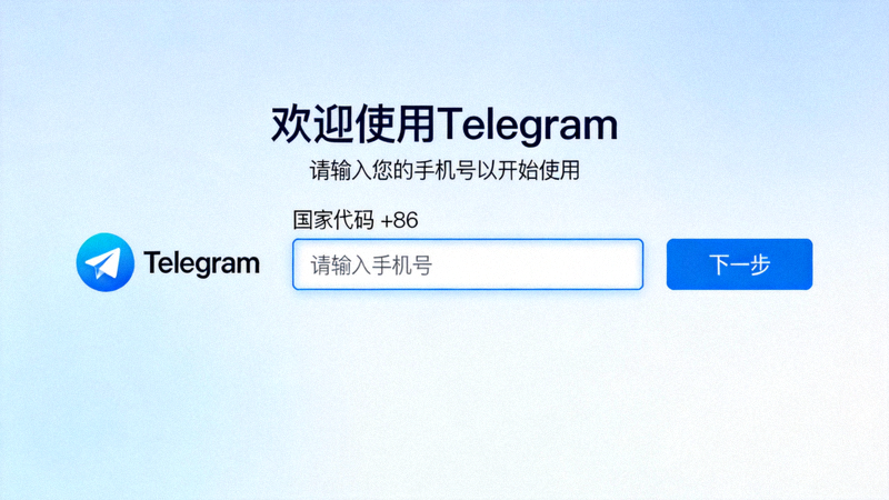 Telegram电脑版首次启动时的欢迎界面，提示输入手机号