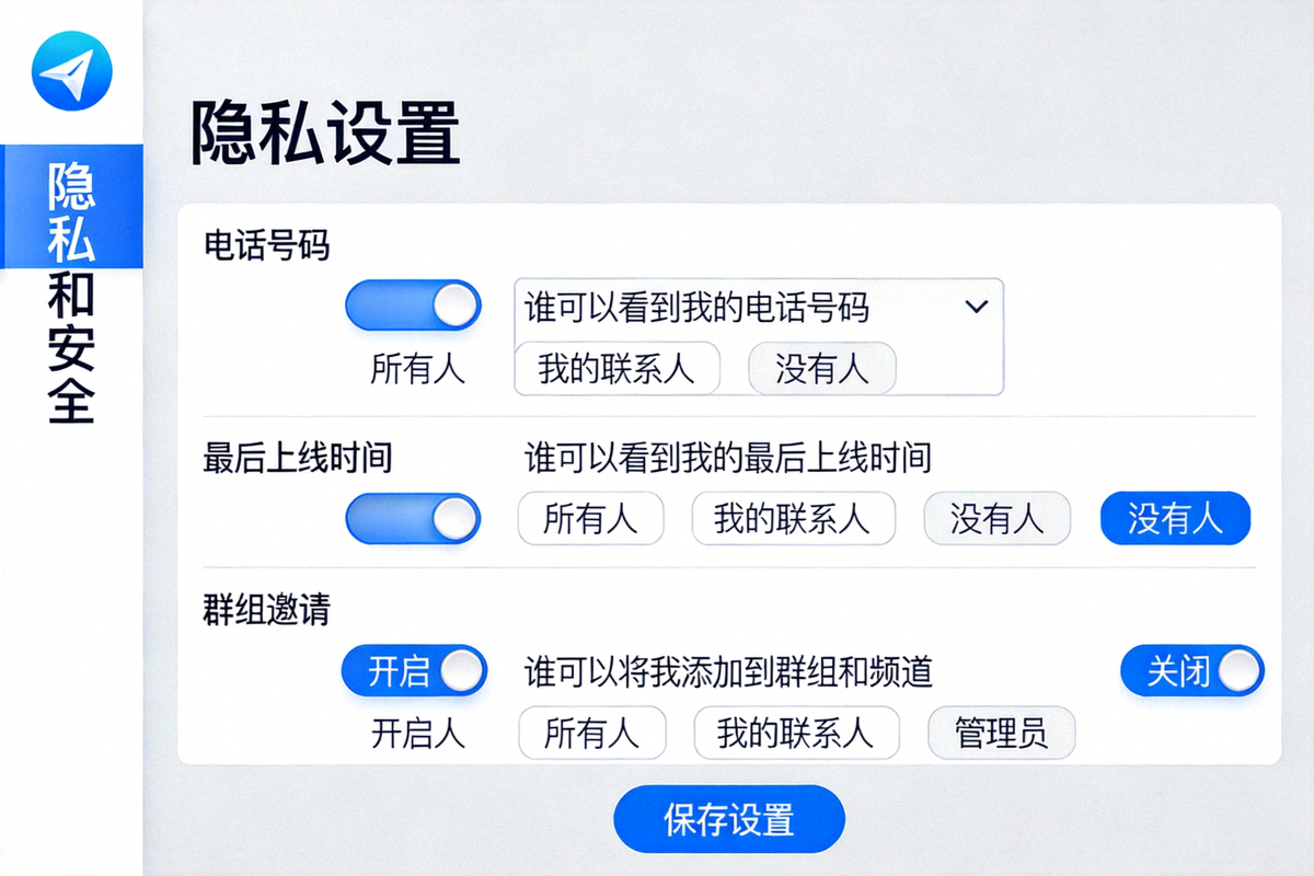 Telegram电脑版隐私设置界面详细截图，展示电话号码、最后上线时间、群组邀请等多项权限开关