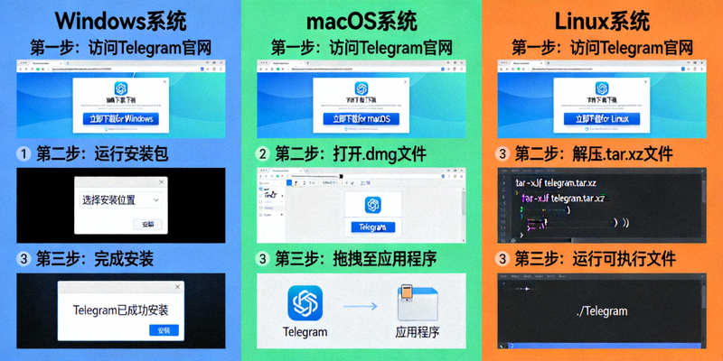 Telegram电脑版在Windows、macOS和Linux系统上的下载与安装界面步骤对比图