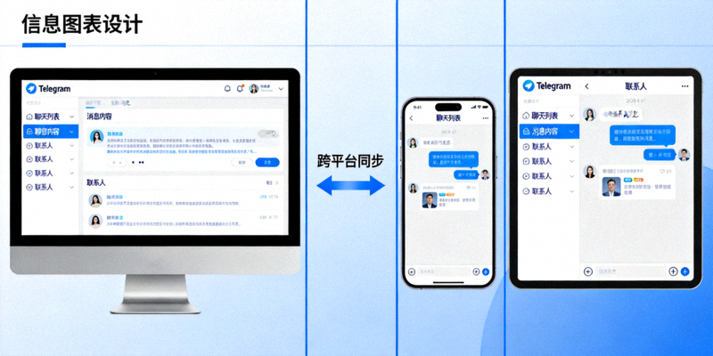 Telegram电脑版中文界面与跨平台设备同步显示的示意图