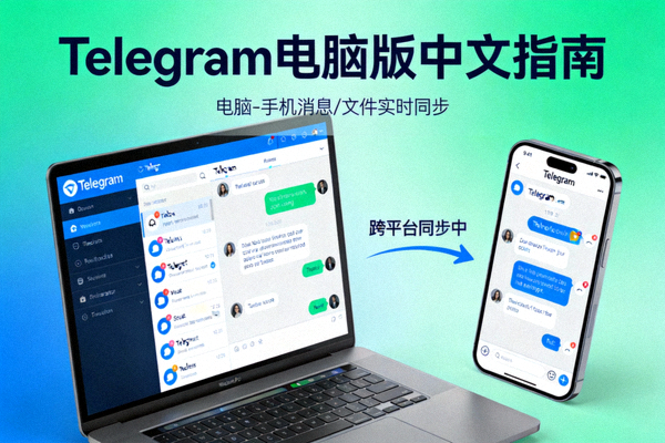 Telegram电脑版中文指南主视觉图，展示电脑与手机跨平台同步界面
