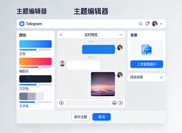 Telegram电脑版主题编辑器界面，展示如何自定义颜色和背景