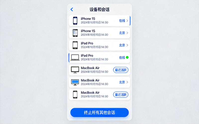 Telegram设备管理界面截图，展示多个已登录的会话