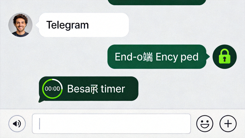 Telegram私密聊天界面展示，突出显示端到端加密锁图标和自毁计时器