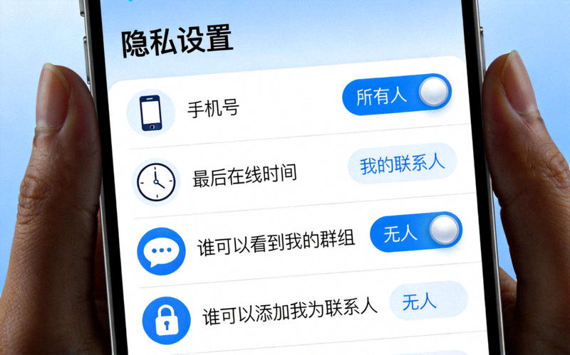 Telegram隐私设置菜单总览，展示手机号、最后在线时间等选项