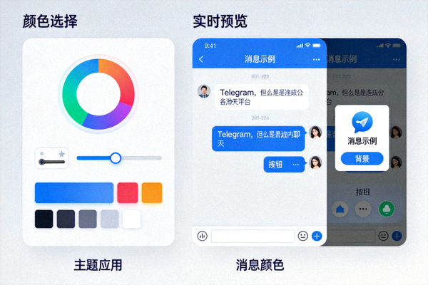Telegram主题自定义编辑器，展示颜色选择和预览效果