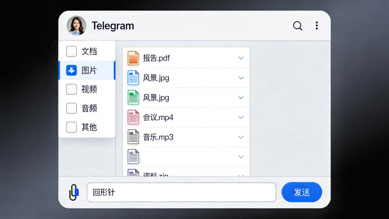 演示在Telegram电脑版对话框中发送多种格式文件的界面