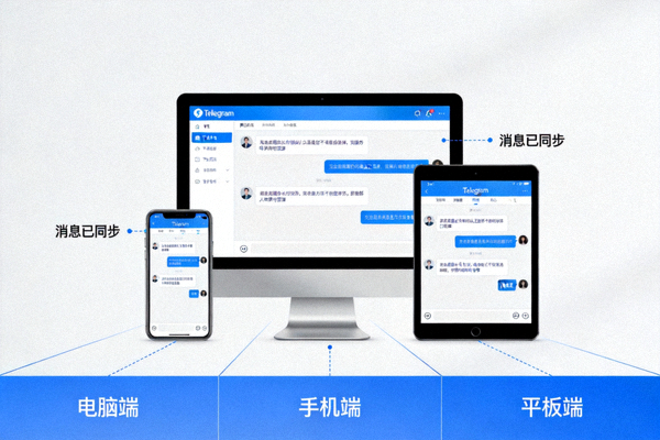 展示经过优化后的Telegram在电脑、手机和平板等多设备上同步中文消息的示意图