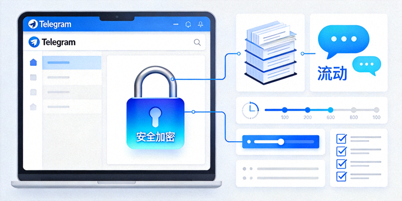 展示Telegram电脑版安全锁图标与高效工作流程并存的视觉概念图