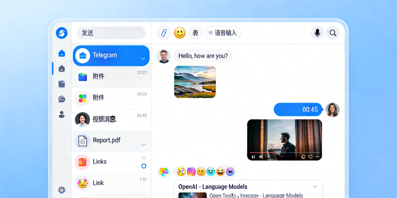 展示Telegram电脑版聊天窗口中的多种消息格式与功能按钮