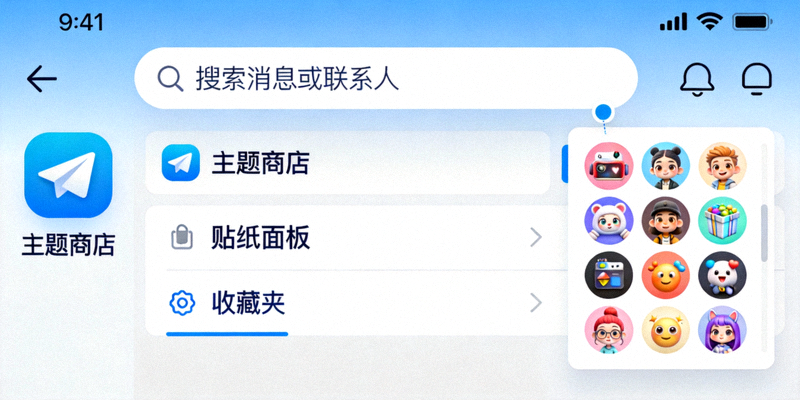 展示Telegram纸飞机中文版界面中隐藏的搜索框、主题商店、贴纸面板和收藏夹功能特写