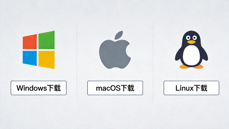 展示Windows、macOS和Linux三个系统图标及对应下载按钮的示意图